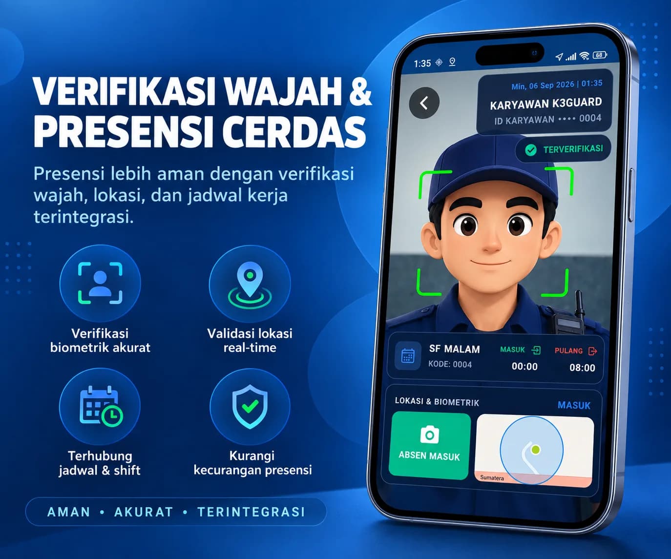 Poster fitur verifikasi wajah dan presensi cerdas K3Guard.