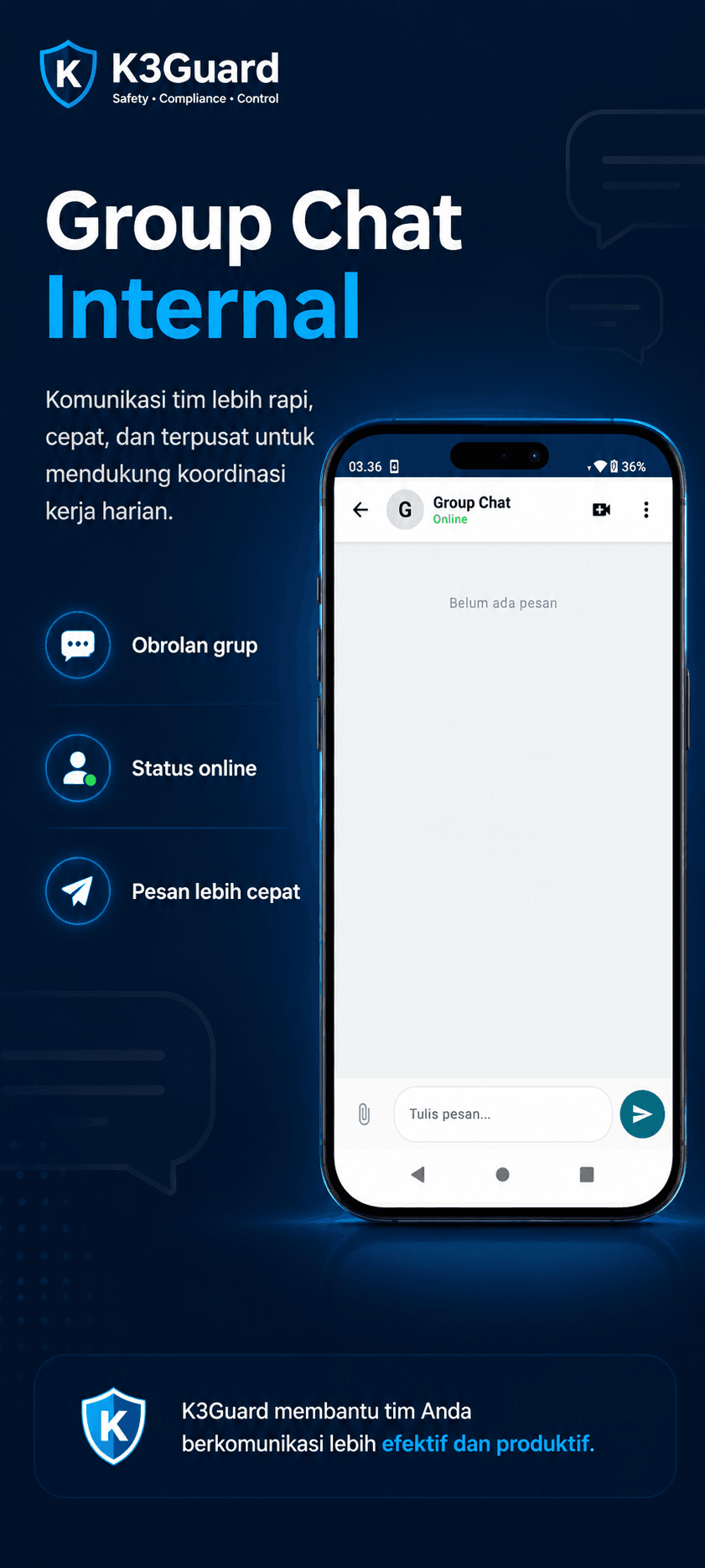 Poster K3Guard group chat internal untuk komunikasi tim yang lebih rapi, cepat, dan terpusat.